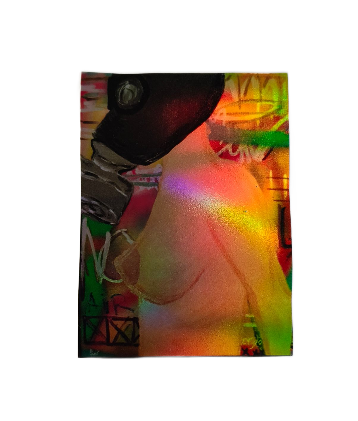 Sticker van een figuur met een zwart gasmasker tegen een levendige, veelkleurige graffiti-achtige achtergrond.