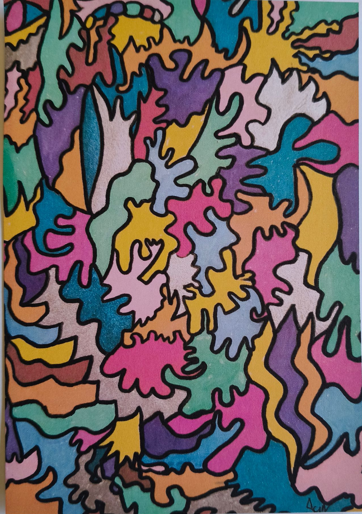 Postkaart van een abstracte kunst met organische, amoebe-achtige vormen in een kleurrijk palet van roze, geel, blauw en paars
