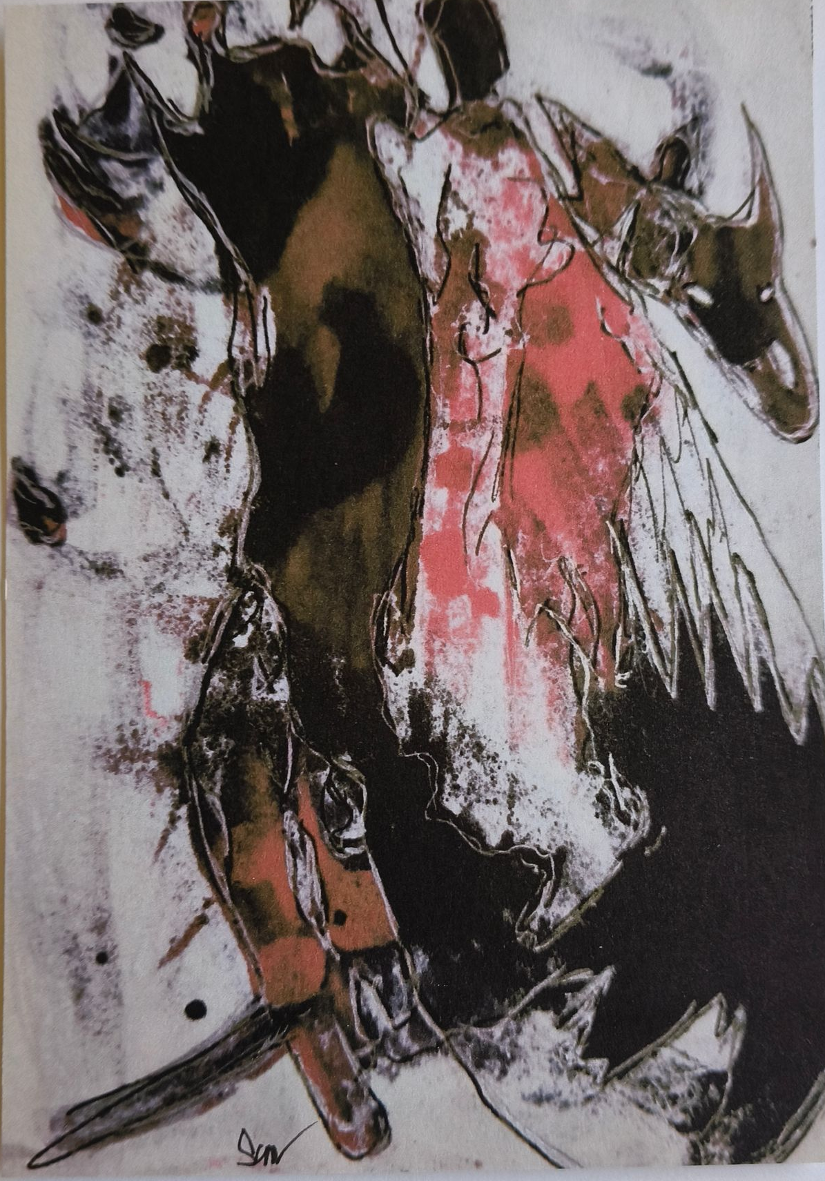 koelkast magneet van een abstract expressionistisch schilderij met donkere, aardse tinten, roze accenten.