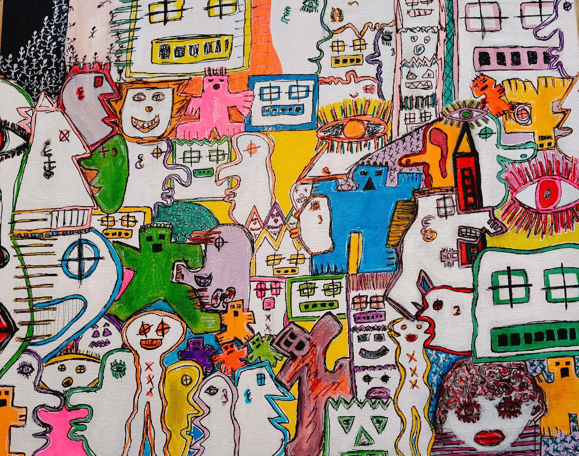 Een kleurrijke, drukke illustratie met veel abstracte figuren, gezichten en geometrische vormen, getekend met acrylmarkers