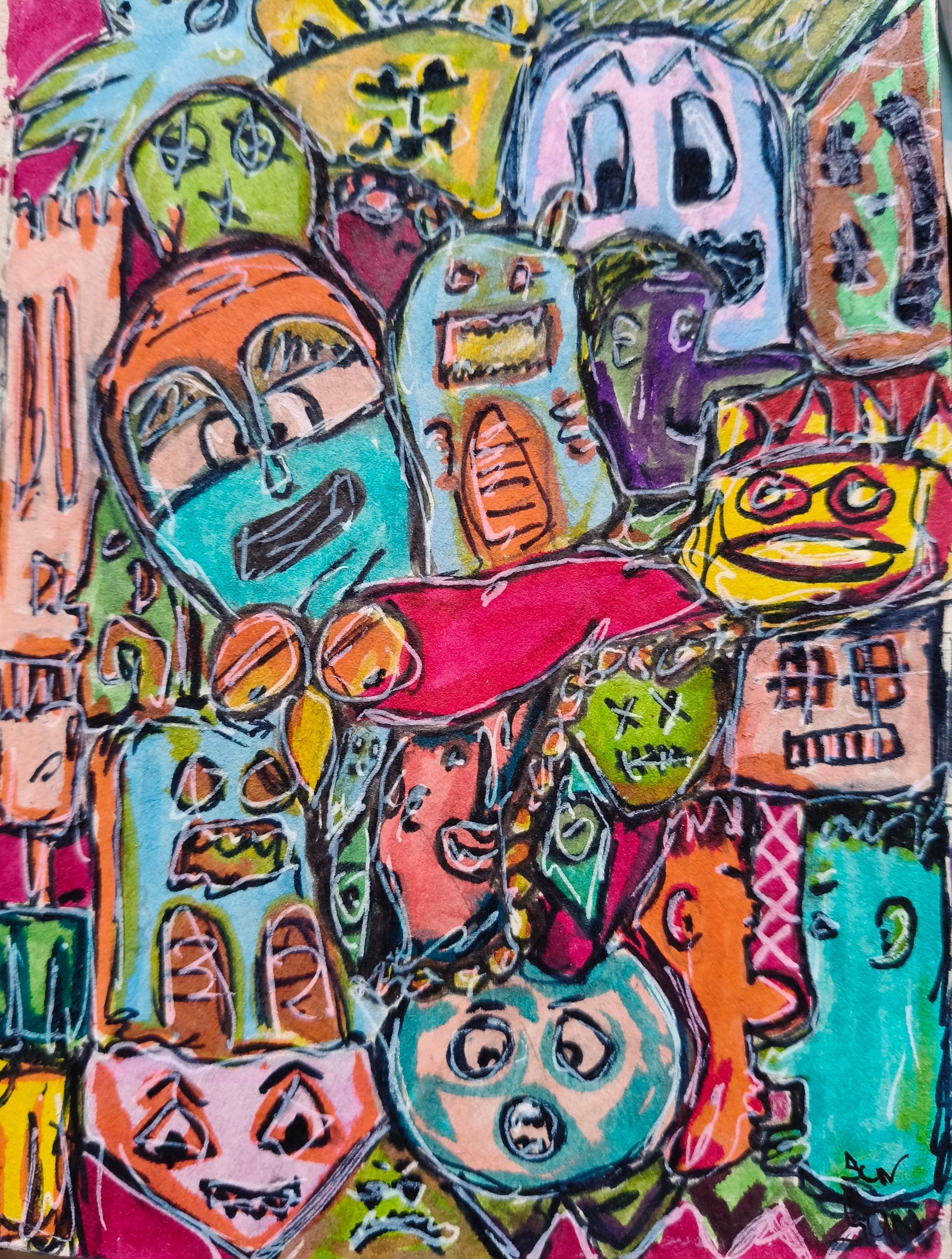 Print van een gedetailleerde, kleurrijke doodle met speelse gezichten en abstracte wezens in levendige kleurrijke tinten