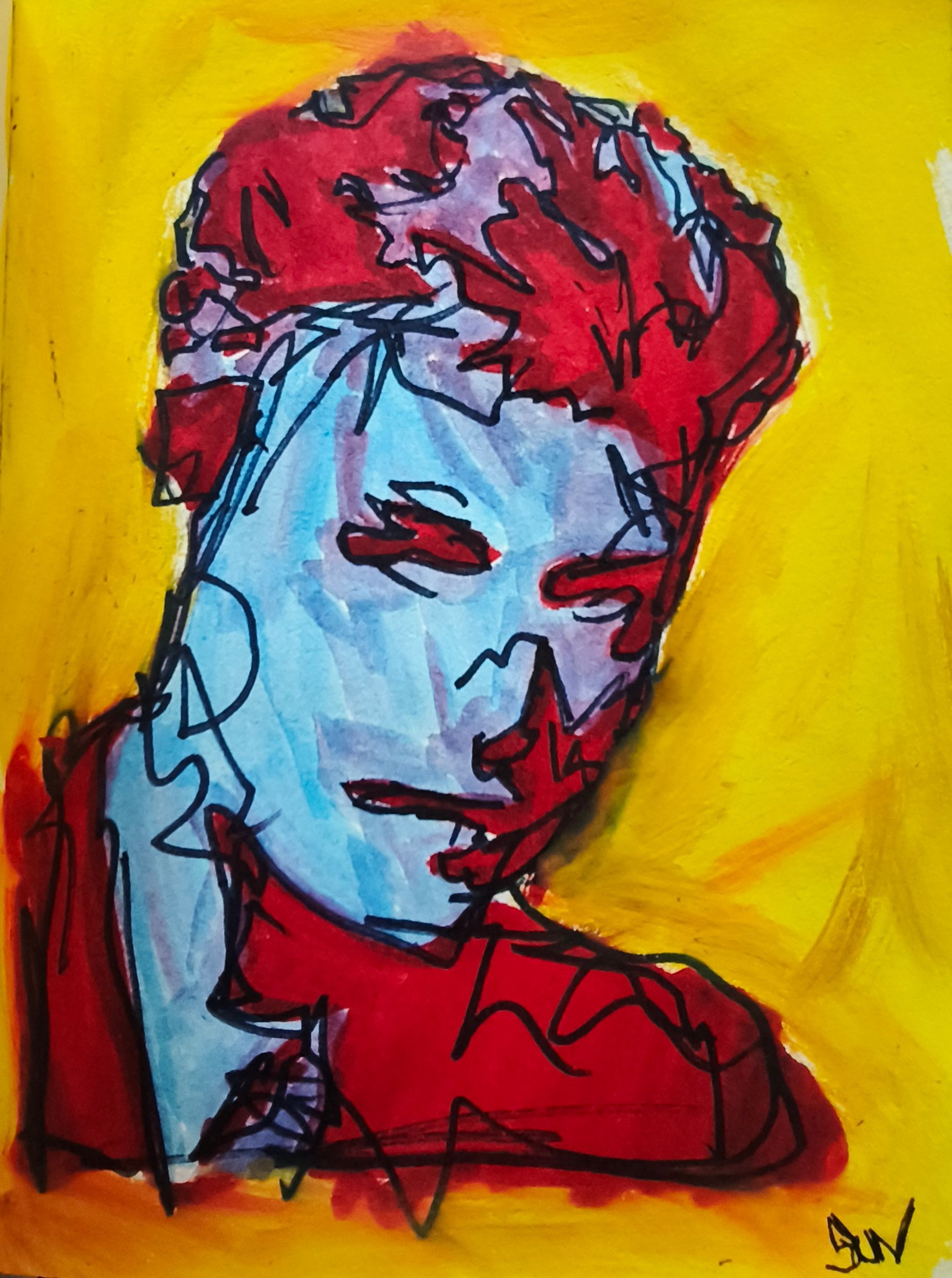Expressionistisch portret van David Bowie met rood haar en een blauwachtig gezicht, tegen een felgele achtergrond.