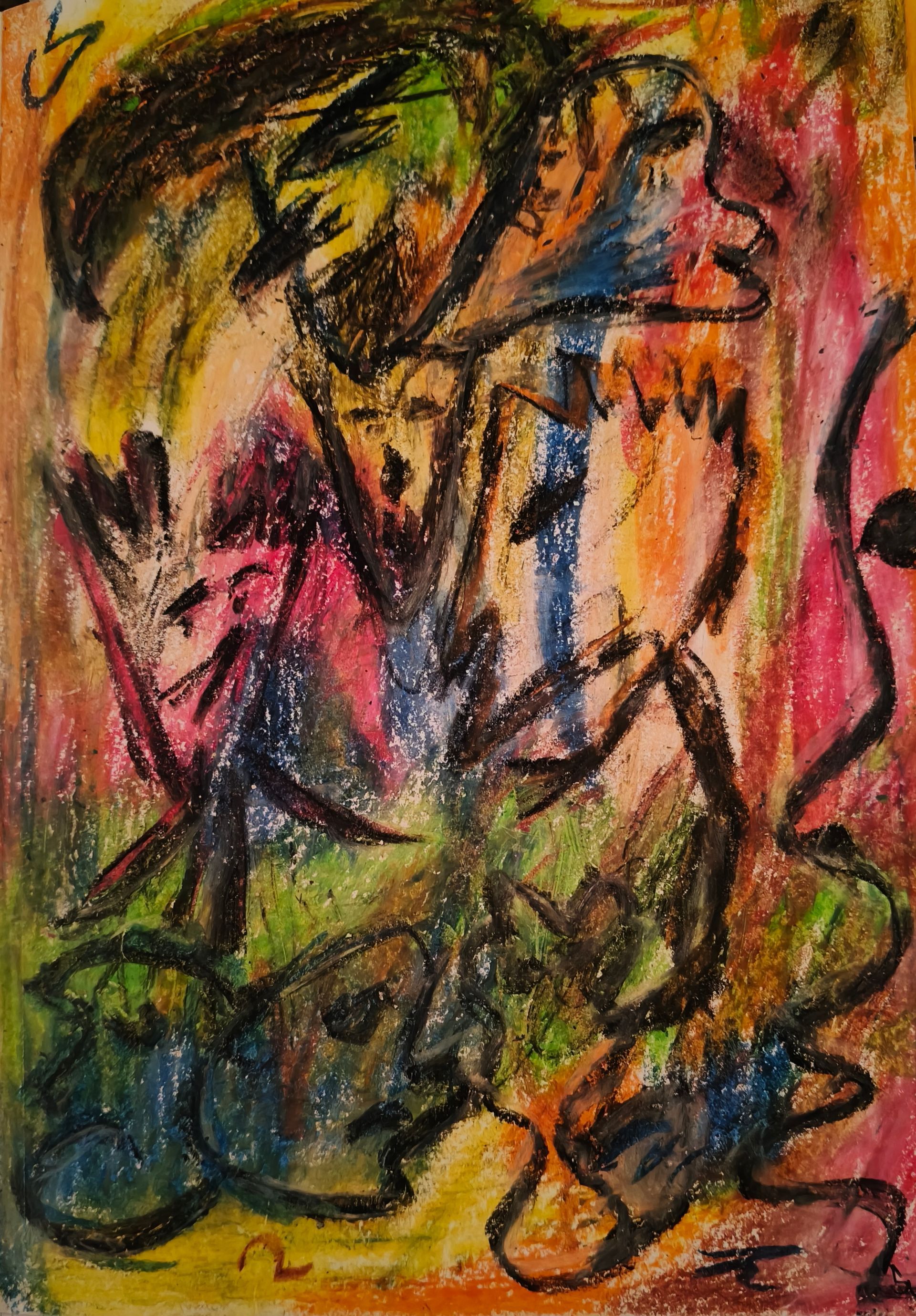 Print van abstract expressionistische tekening met levendige, chaotische lijnen kleuren,  maskerachtige gezichten vormen.