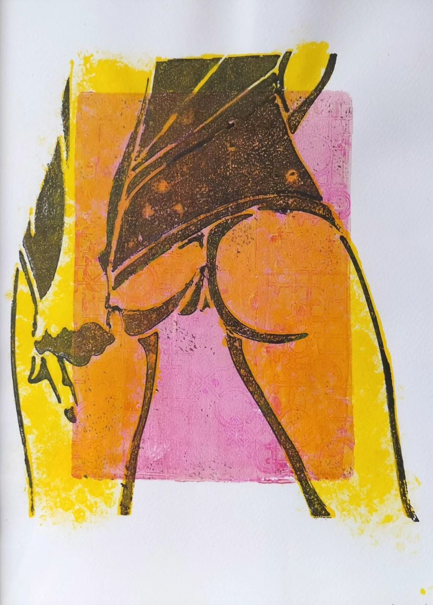 Een gestileerde, artistieke lijntekening van een persoon van achteren gezien, met blokken gele, oranje en roze kleuren.