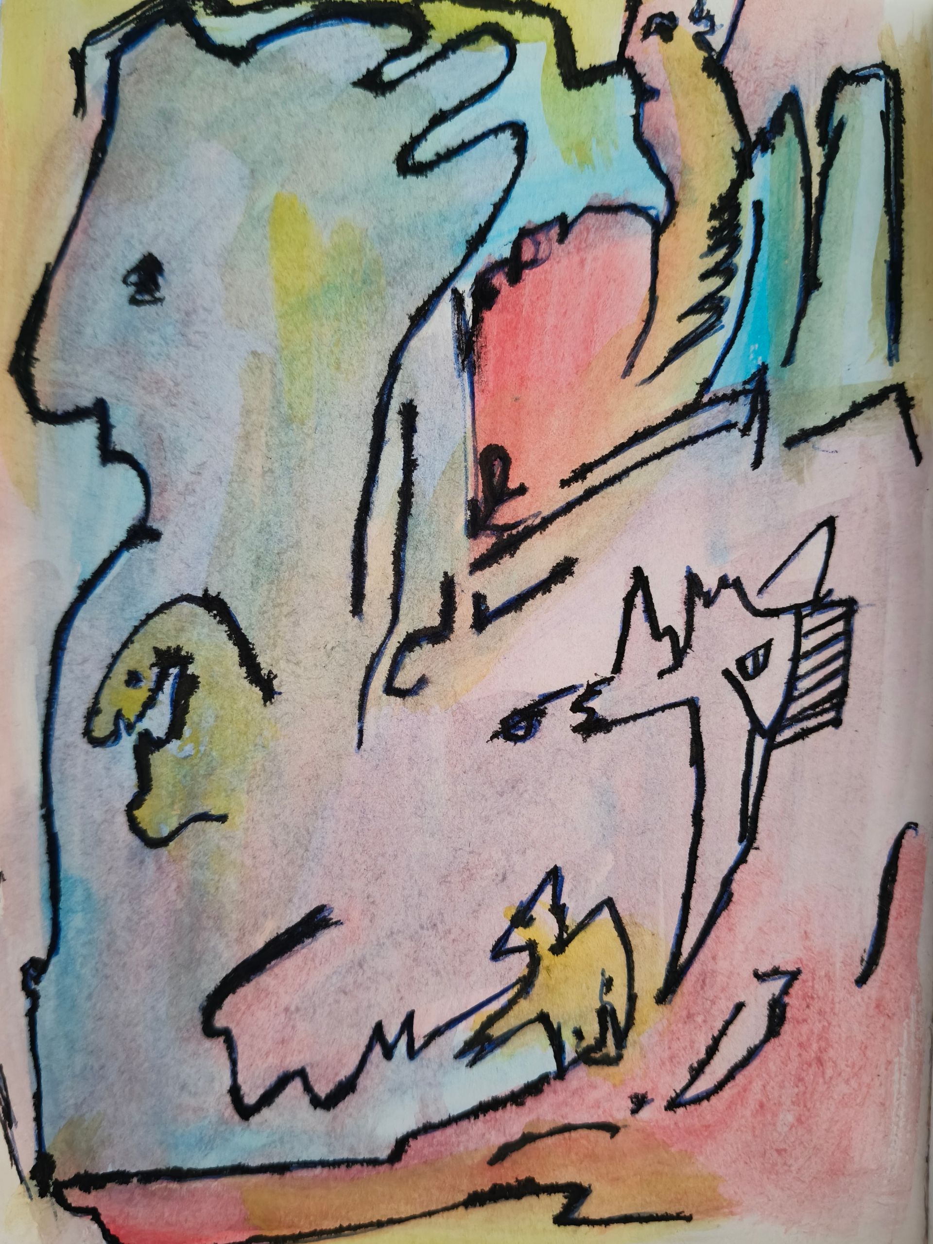 Abstracte aquarelschets  zwarte inktlijnen die grillige, dierachtige vormen creëren in zachte, in elkaar overlopende kleuren.
