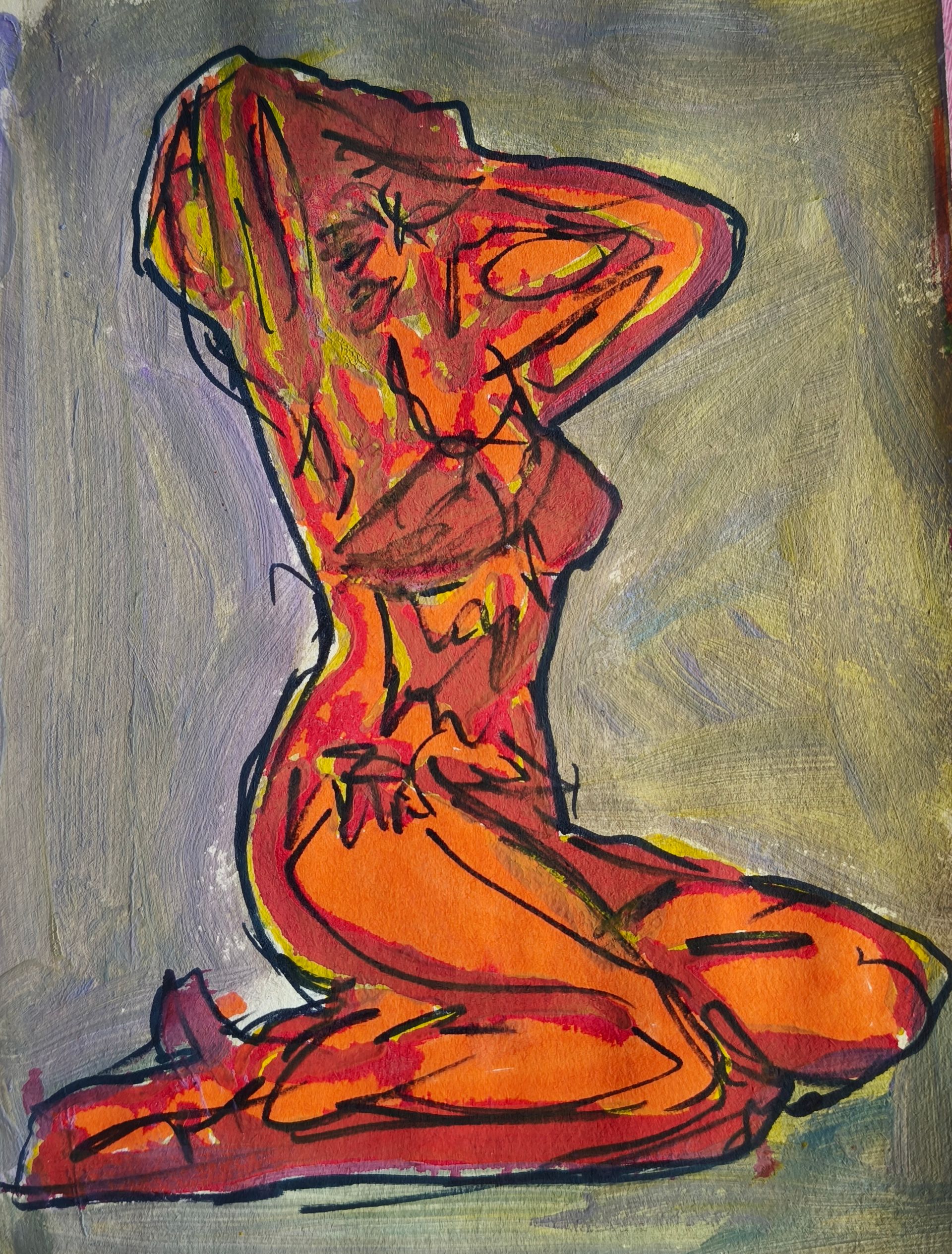 Print van een expressieve, gestileerde pin up knielend met opgeheven armen, tegen een donkere achtergrond.