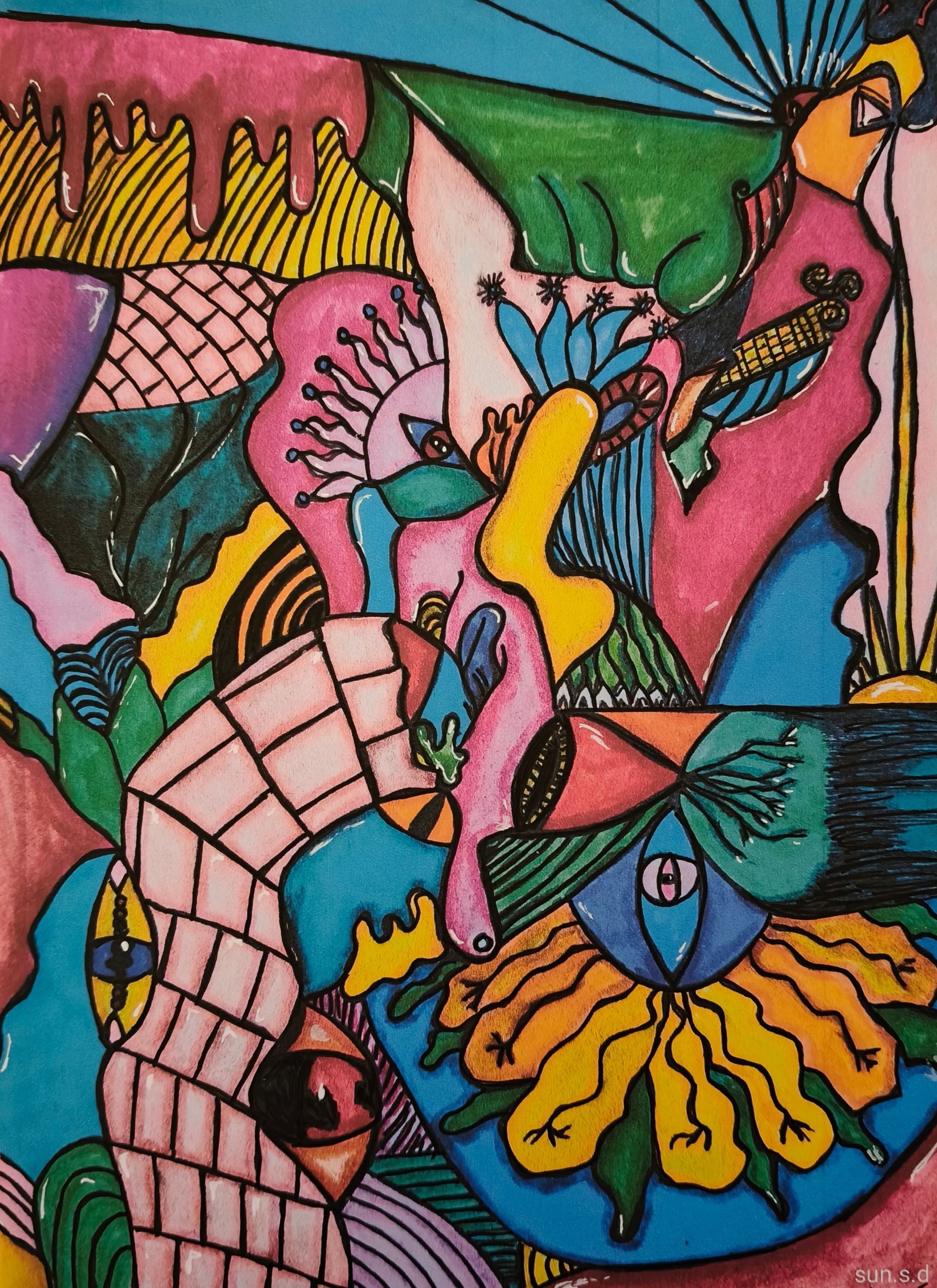 Print van een kleurrijke, abstracte acrylmarkers met organische vormen, ogen en levendige kleurrijke tinten.