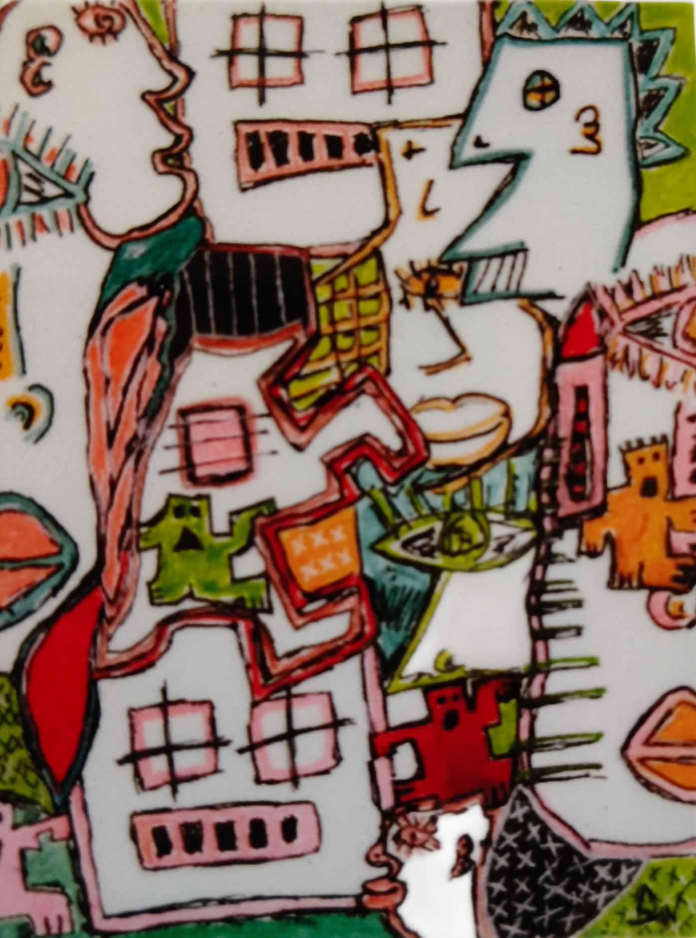 Sticker van abstracte kunst met kleurrijke, fantasierijke figuren en geometrische vormen, gelaagd en collage-achtig.