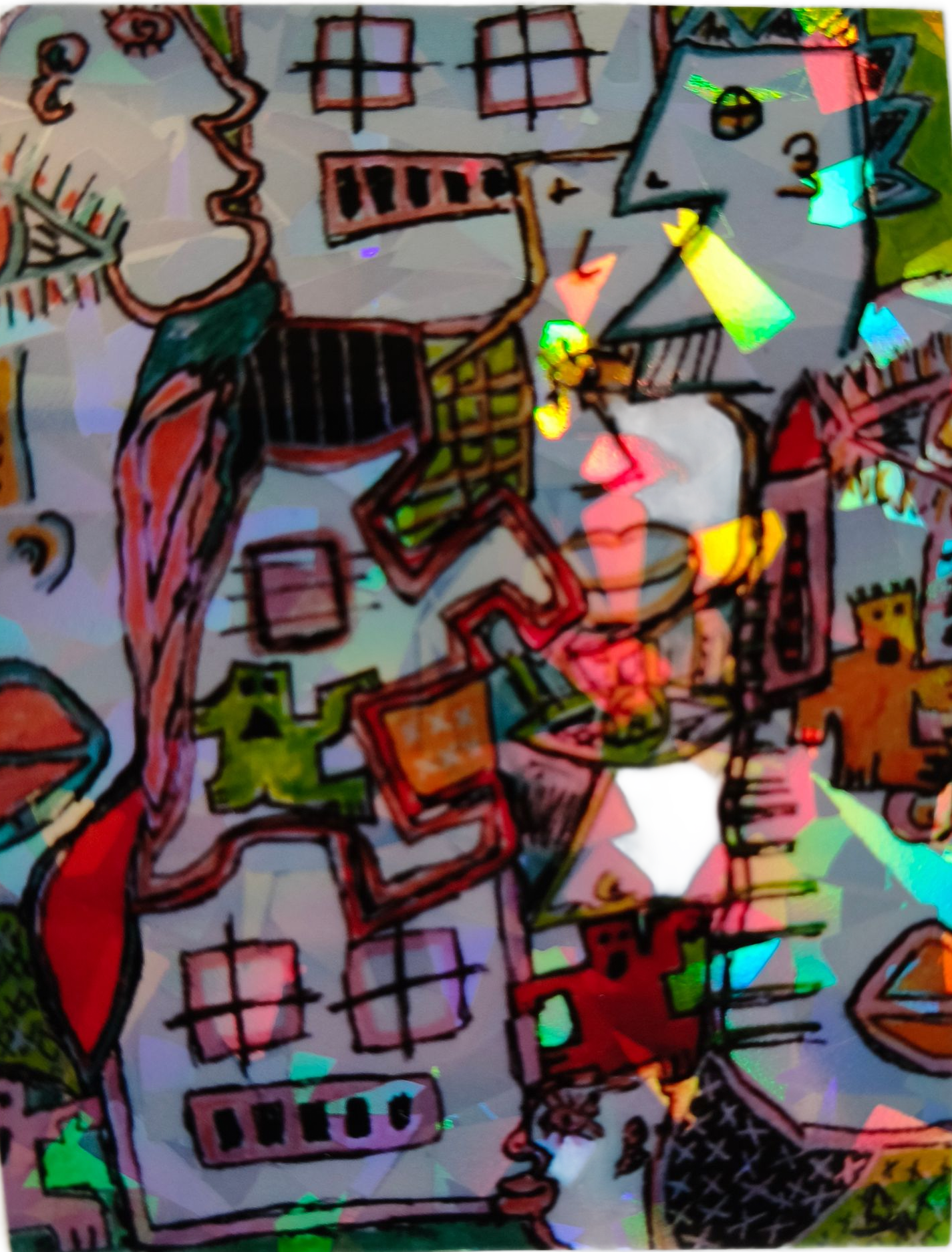 Sticker van abstracte kunst met kleurrijke, fantasierijke figuren en geometrische vormen, gelaagd en collage-achtig.