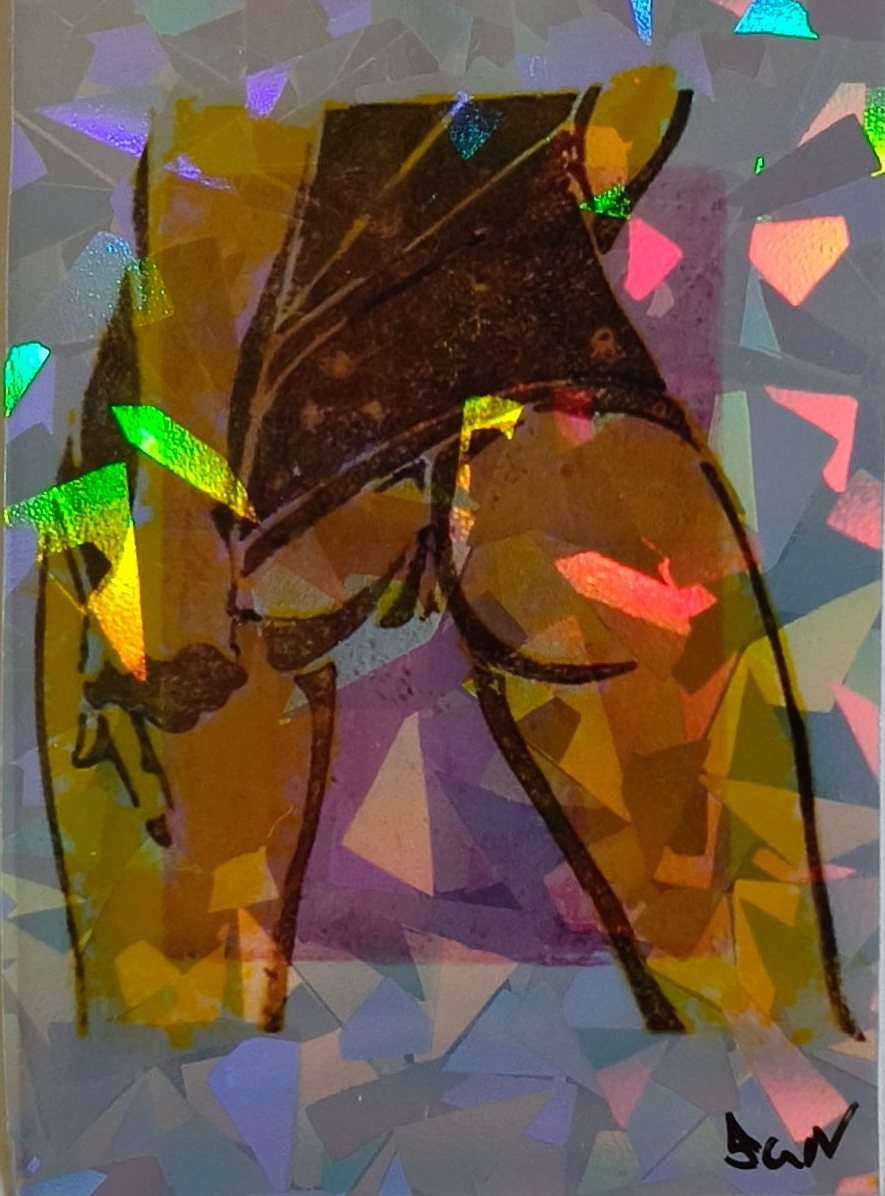 Sticker van gestileerde, abstracte artistieke weergave van een figuur, van achteren gezien.