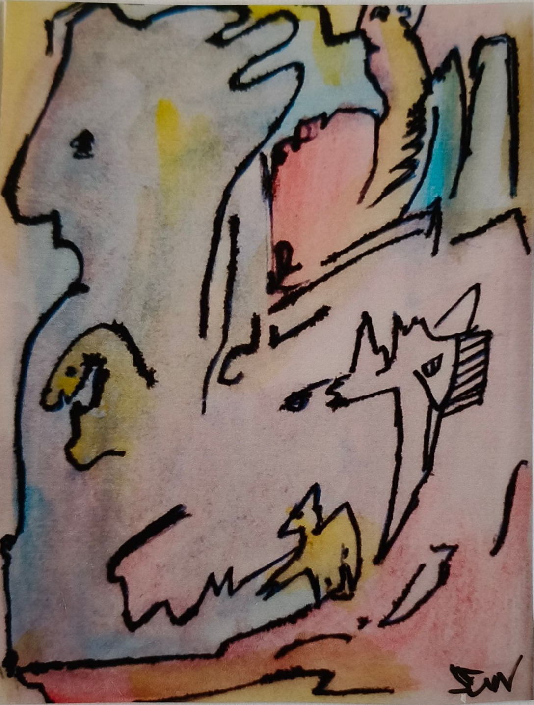 sticker van abstracte tekening van figuren op een holografische,  achtergrond met een iriserend, veelkleurig effect.