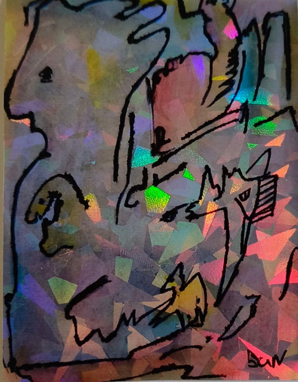 sticker van abstracte tekening van figuren op een holografische,  achtergrond met een iriserend, veelkleurig effect.