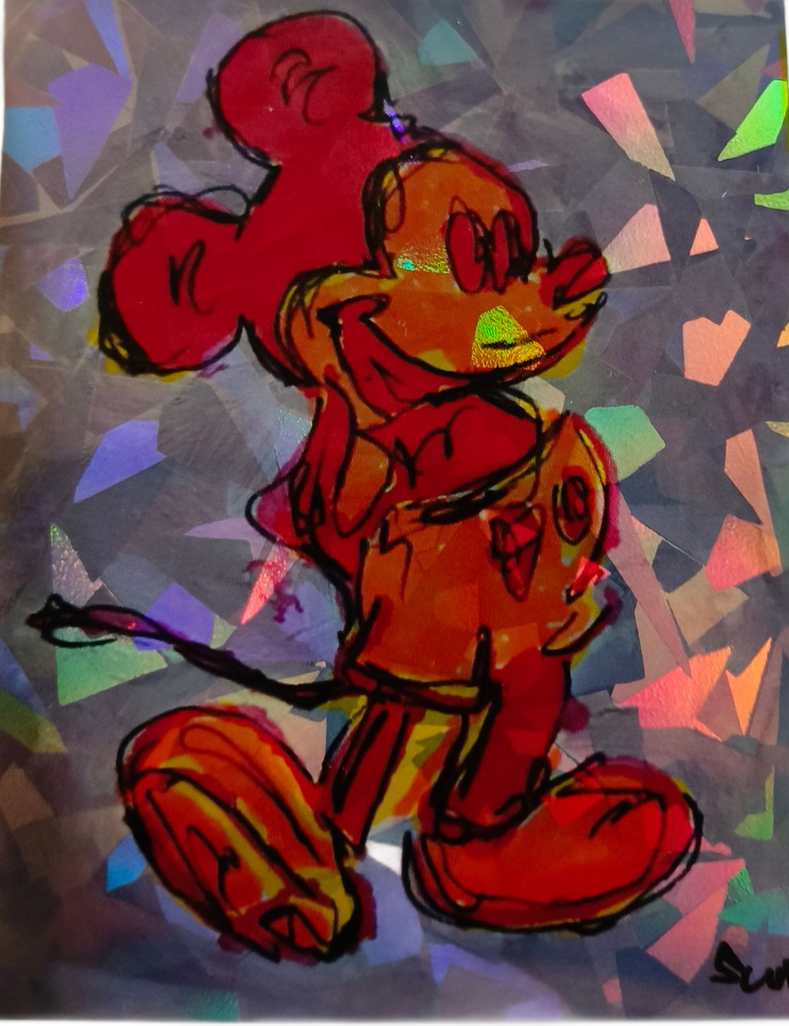 sticker van een gestileerde tekening van Mickey Mouse in warme rode en oranje tinten.
