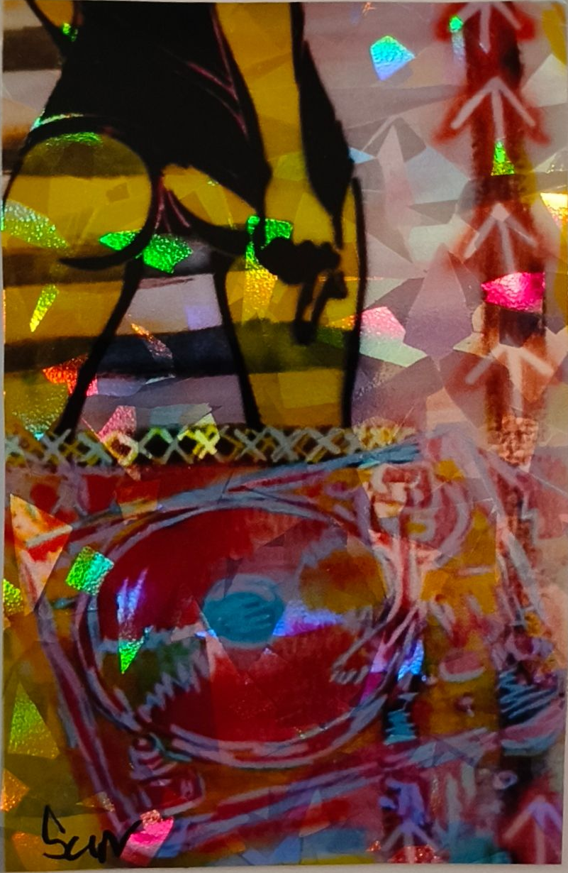 sticker van abstracte mixed-media collage met een zwart silhouet, een rode vinylplaat en rode pijlsymbolen.