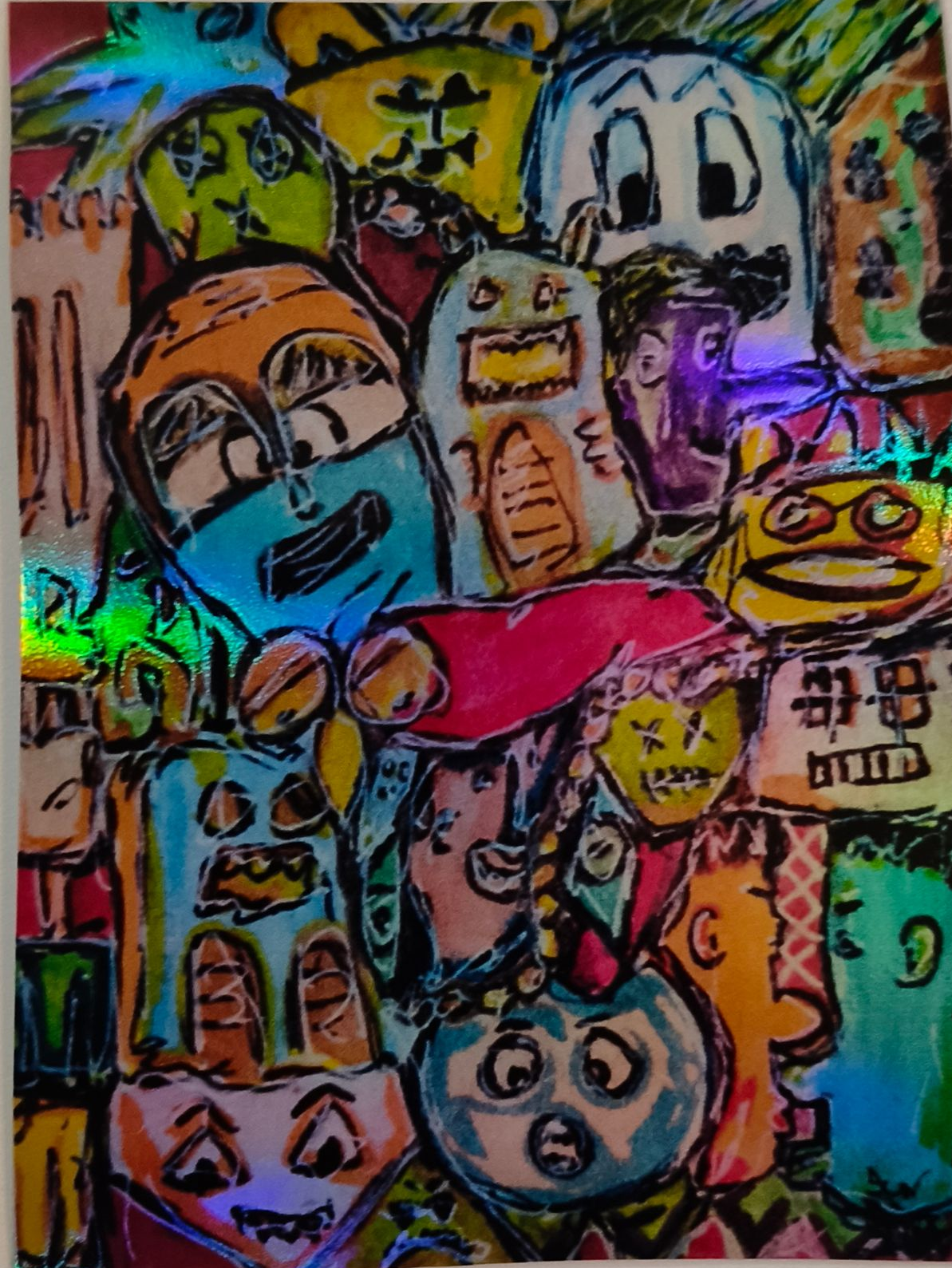 stickers van een levendige, chaotische doodle met een kleurrijke grillige wezens, gezichten en abstracte vormen.