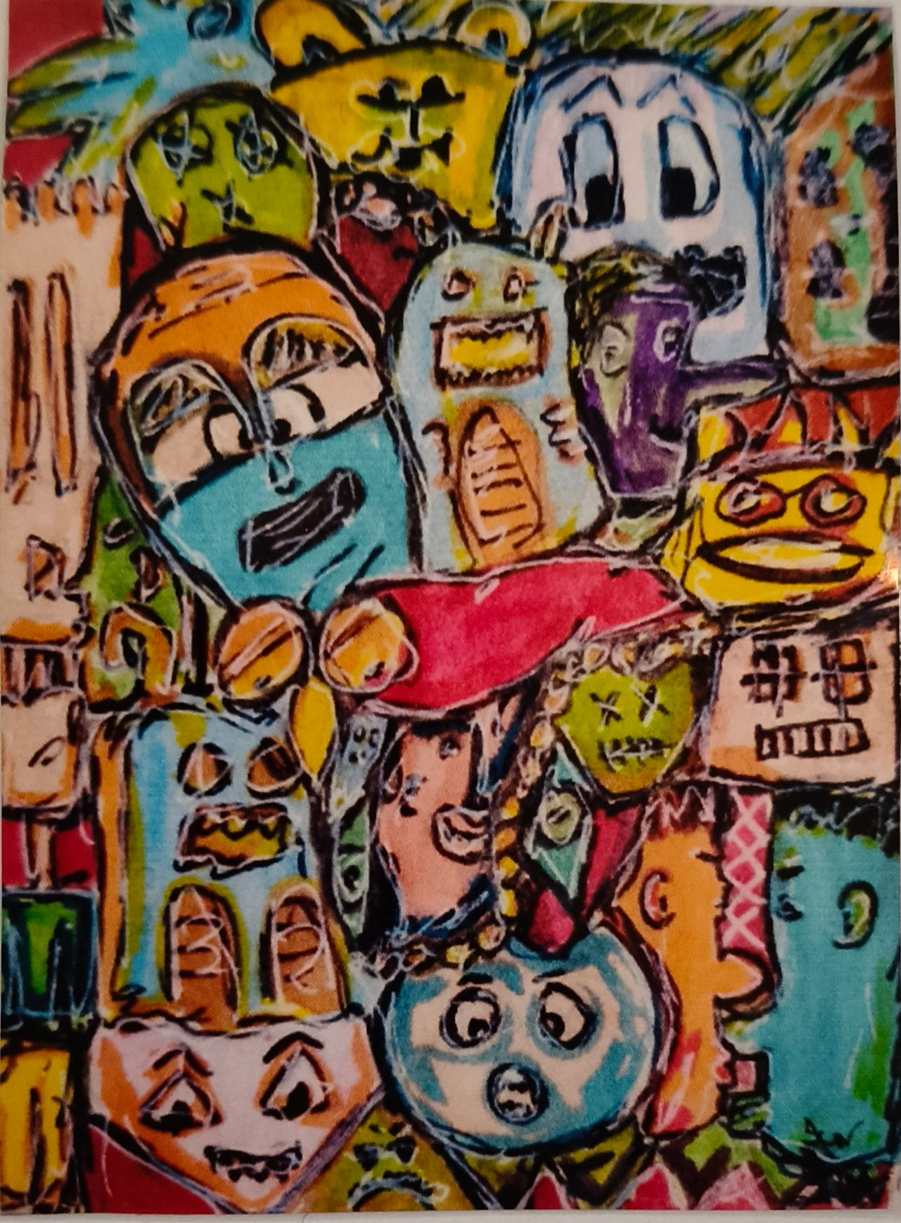 stickers van een levendige, chaotische doodle met een kleurrijke grillige wezens, gezichten en abstracte vormen.