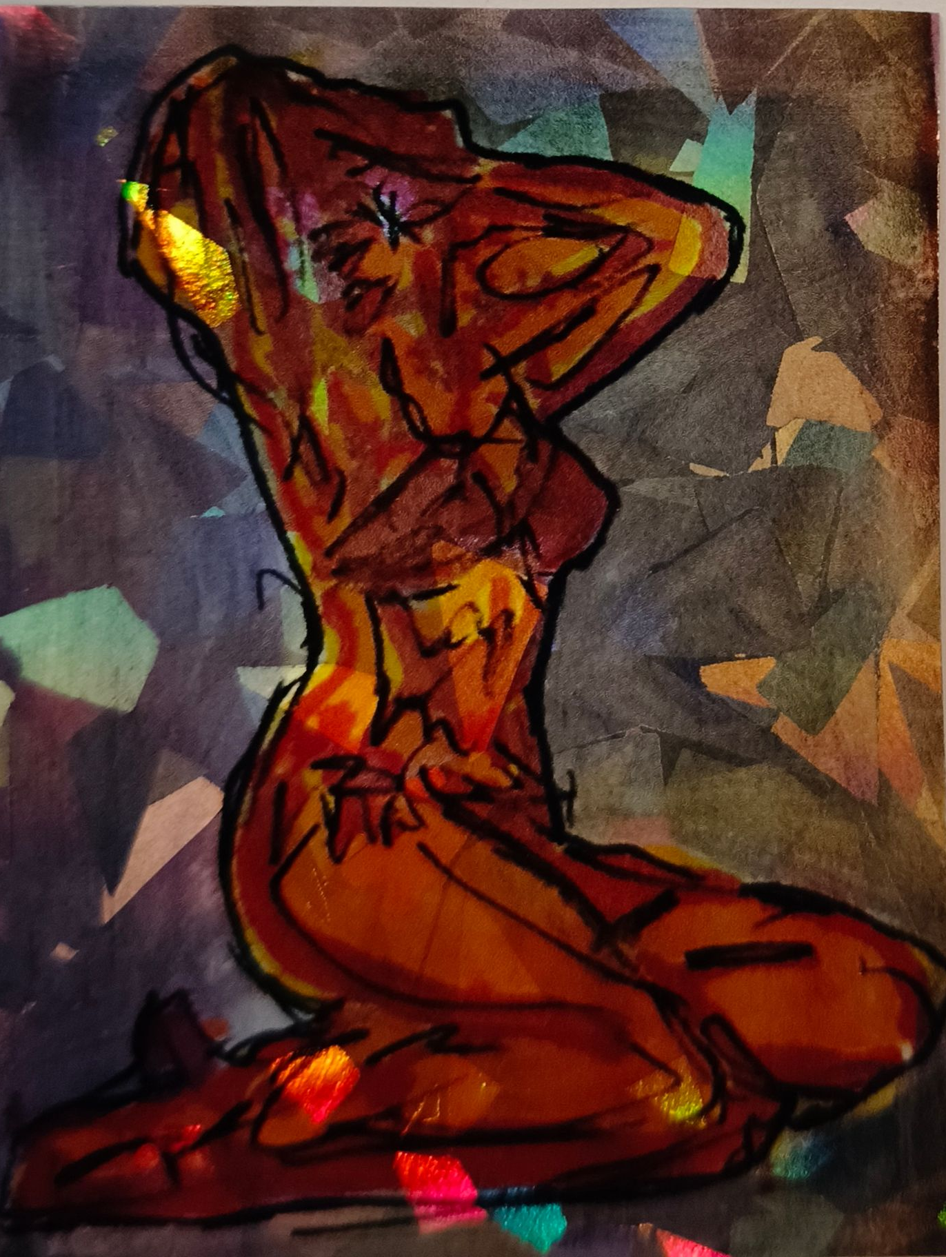 Een expressieve sticker van een knielende figuur in warme oranje en rode tinten, tegen een donkere, veelkleurige achtergrond.