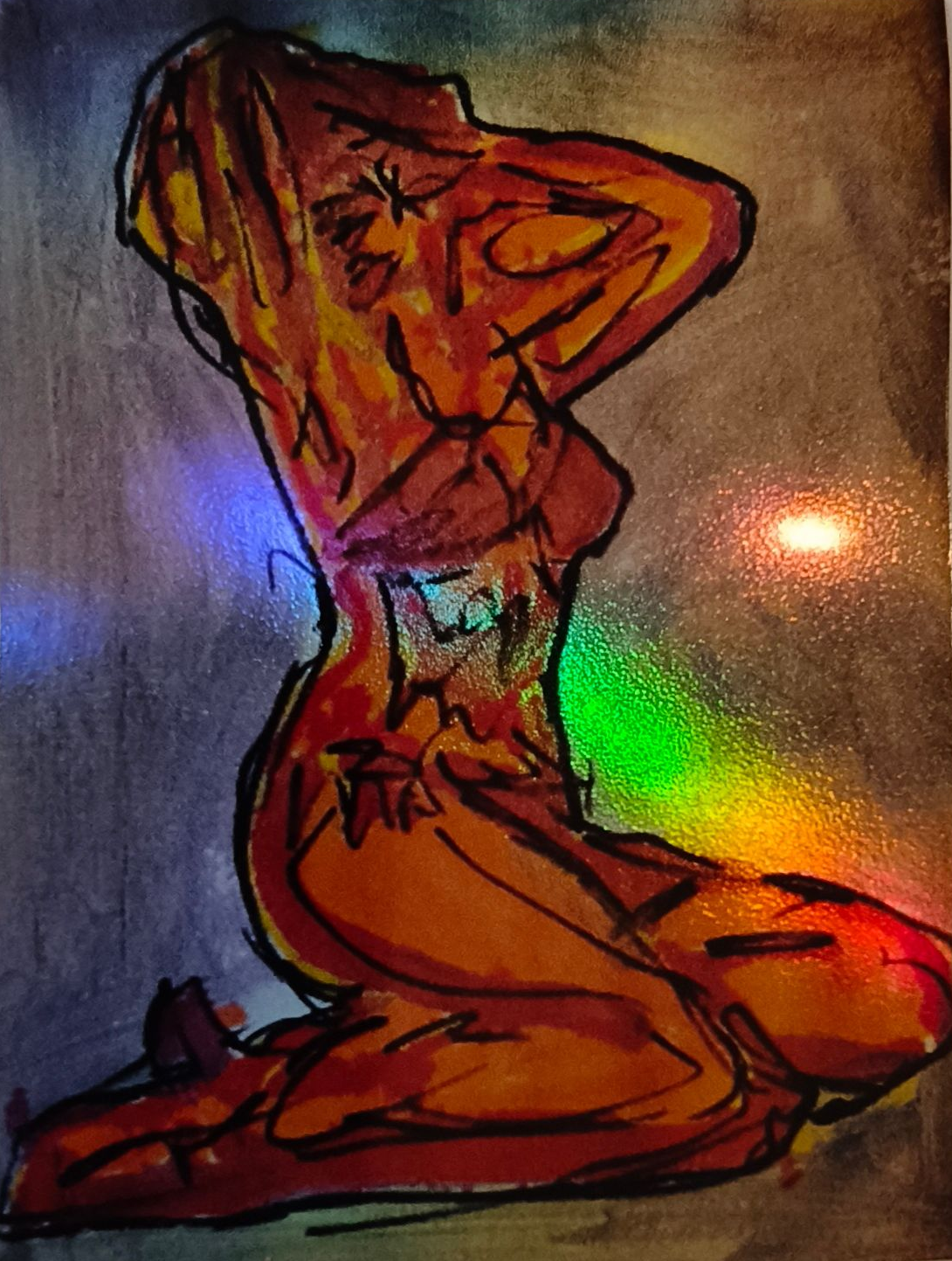 Een expressieve sticker van een knielende figuur in warme oranje en rode tinten, tegen een donkere, veelkleurige achtergrond.