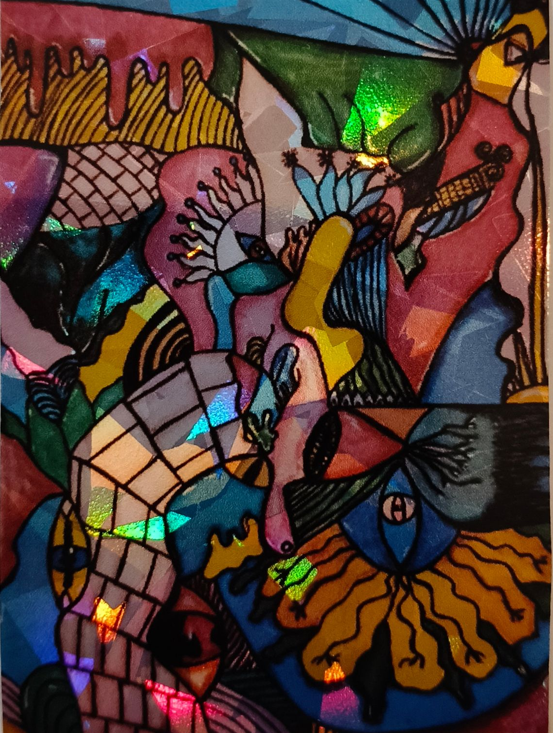 Abstracte sticker met wervelende, kleurrijke vormen, patronen en gestileerde ogen, gevuld met levendige kleur en lijnen.