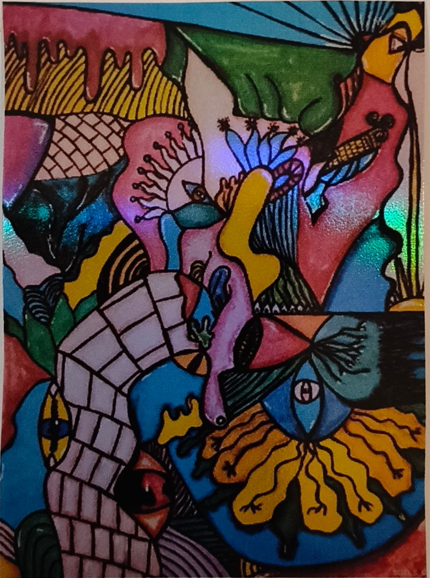 Abstracte sticker met wervelende, kleurrijke vormen, patronen en gestileerde ogen, gevuld met levendige kleur en lijnen.