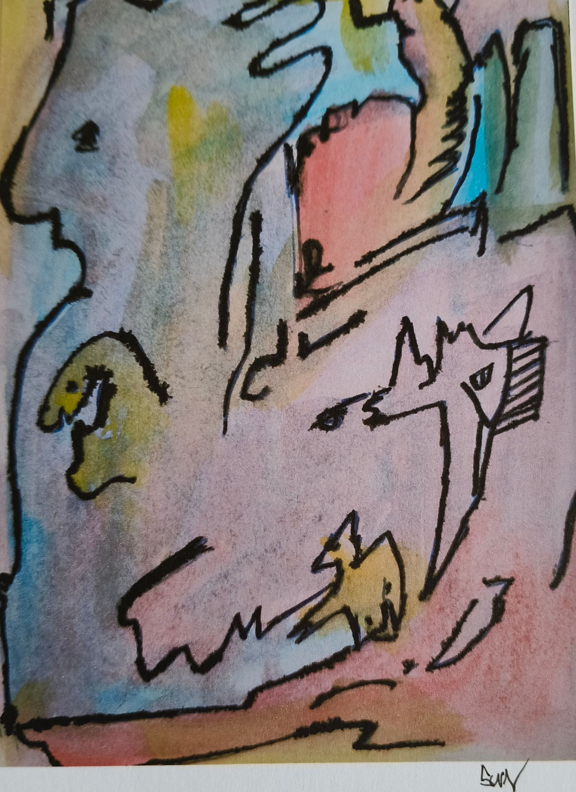 Postkaart van een abstract aquarel schilderij met vloeiende zwarte inktlijnen die grillige, gestileerde wezens vormen.