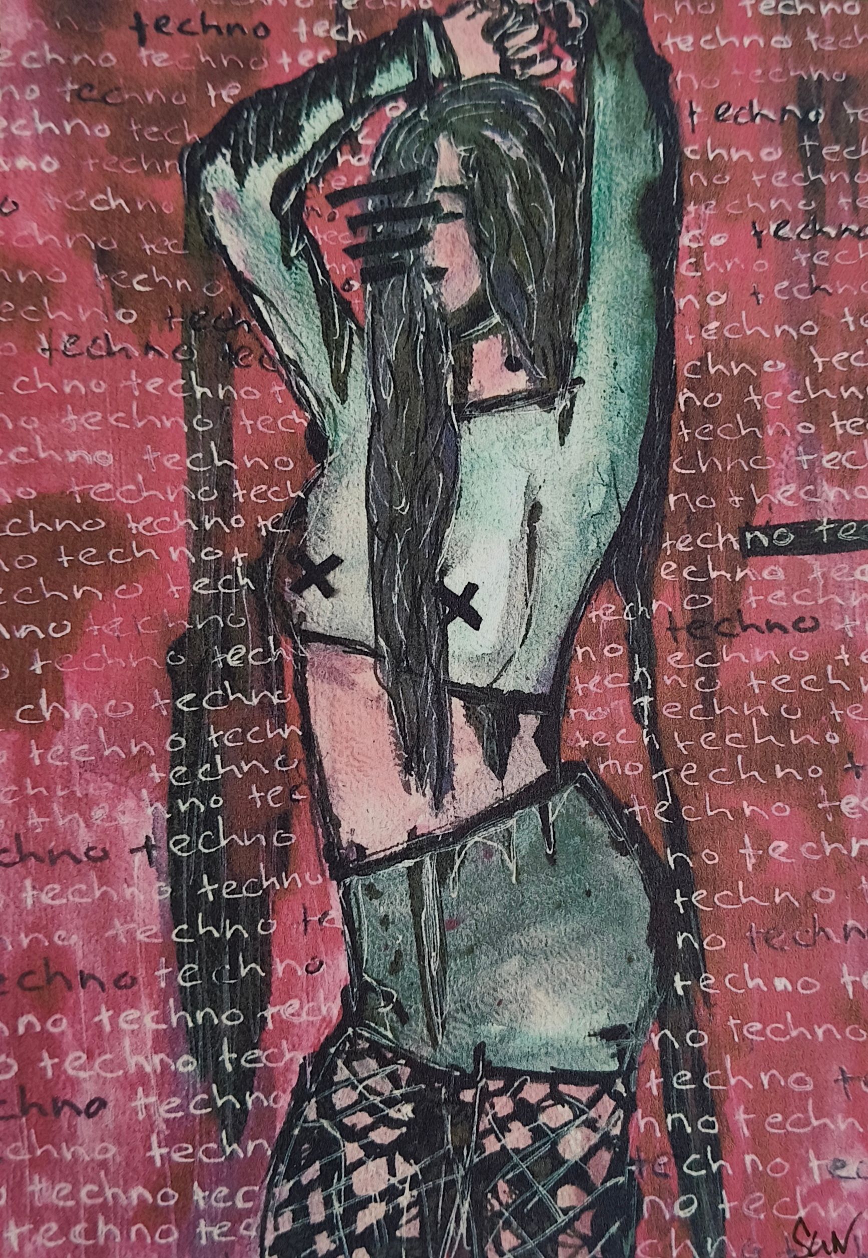 Postkaart van een illustratie van een figuur in visnetkousen tegen een roze achtergrond bedekt met herhalende 