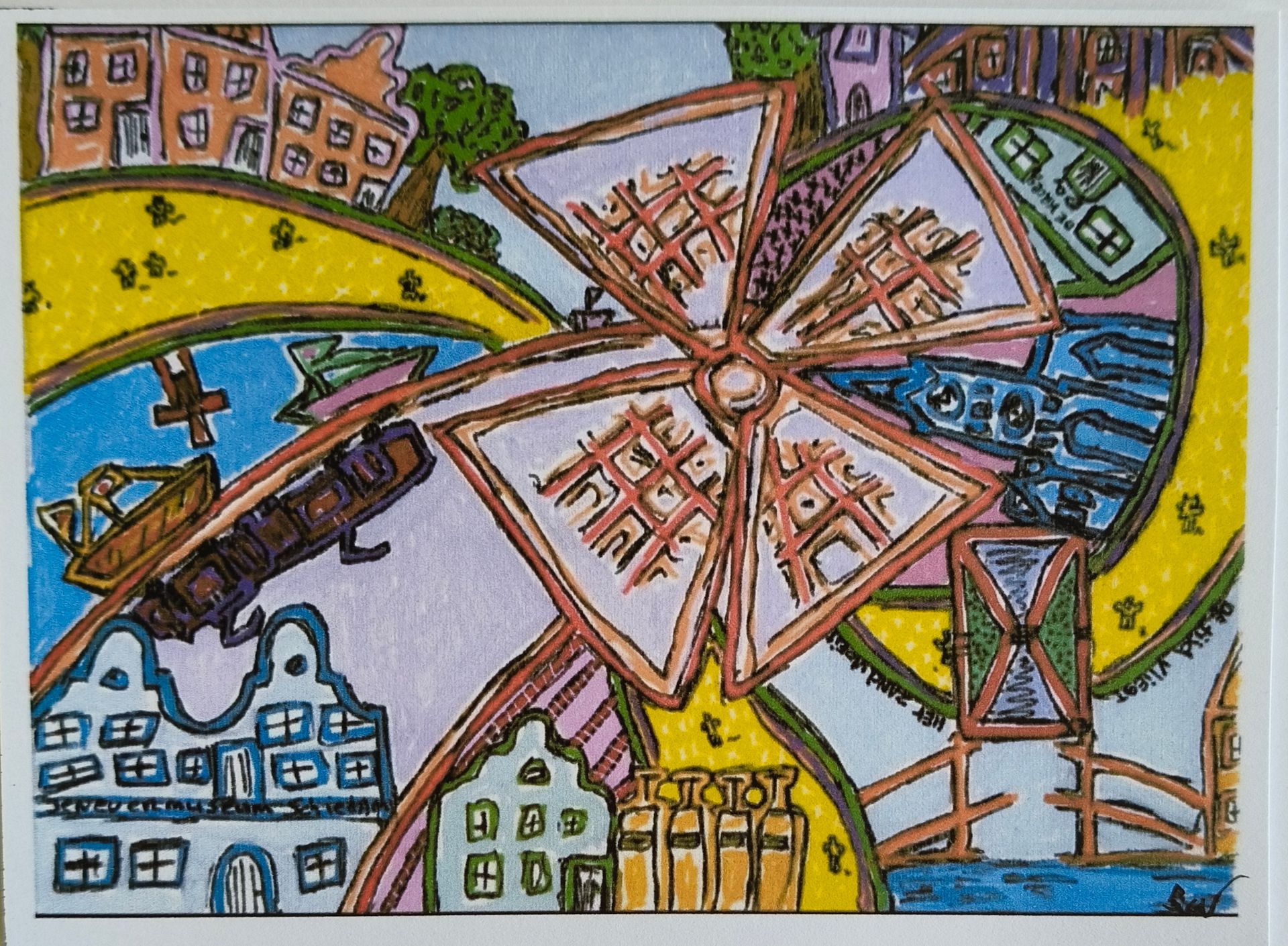 Postkaart van een kleurrijke illustratie van Schiedam,Hollandse huizen, een brug en een grote windmolen.