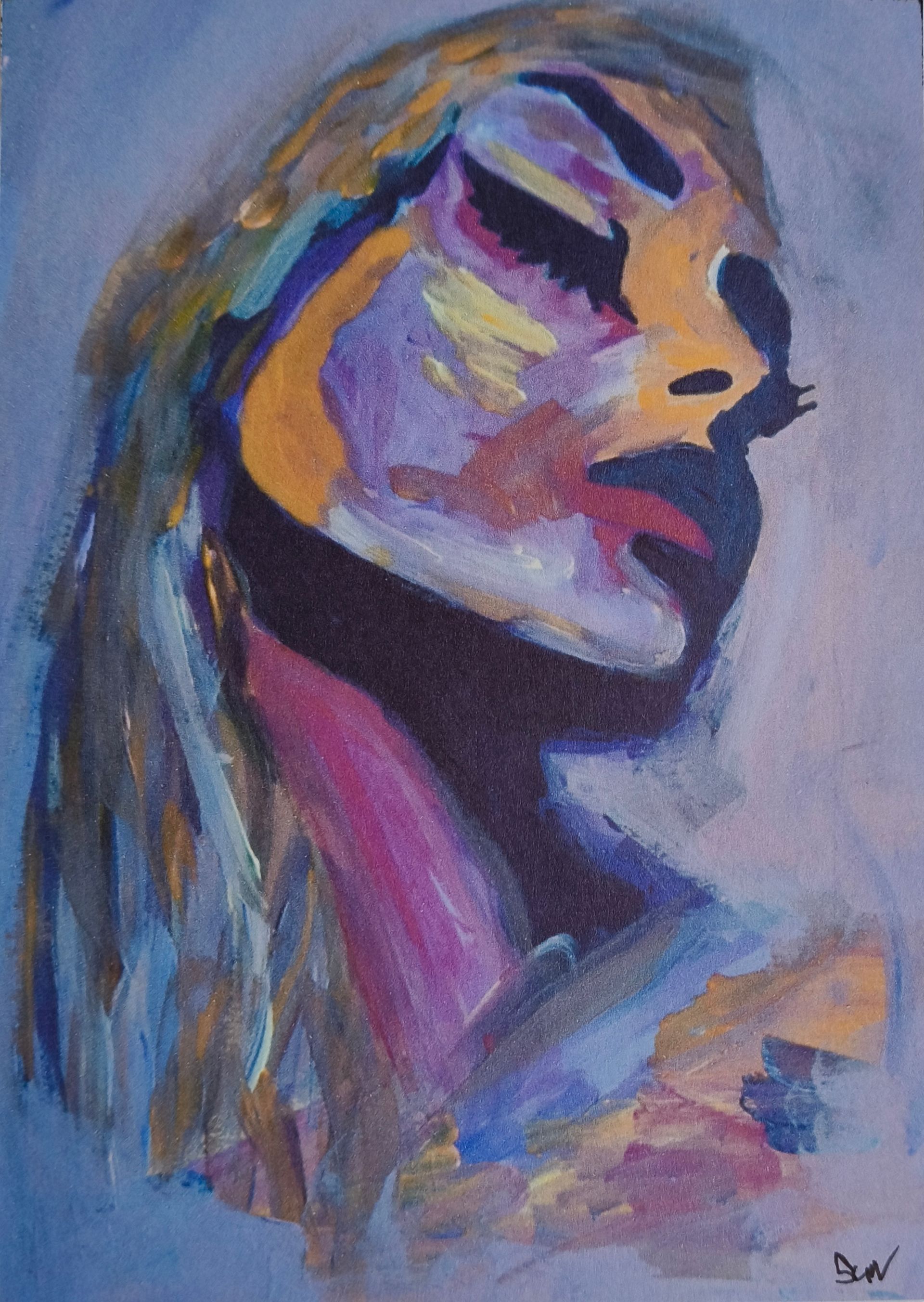 Postkaart van een expressionistisch portret waarop een persoon met gesloten ogen in profiel is afgebeeld.