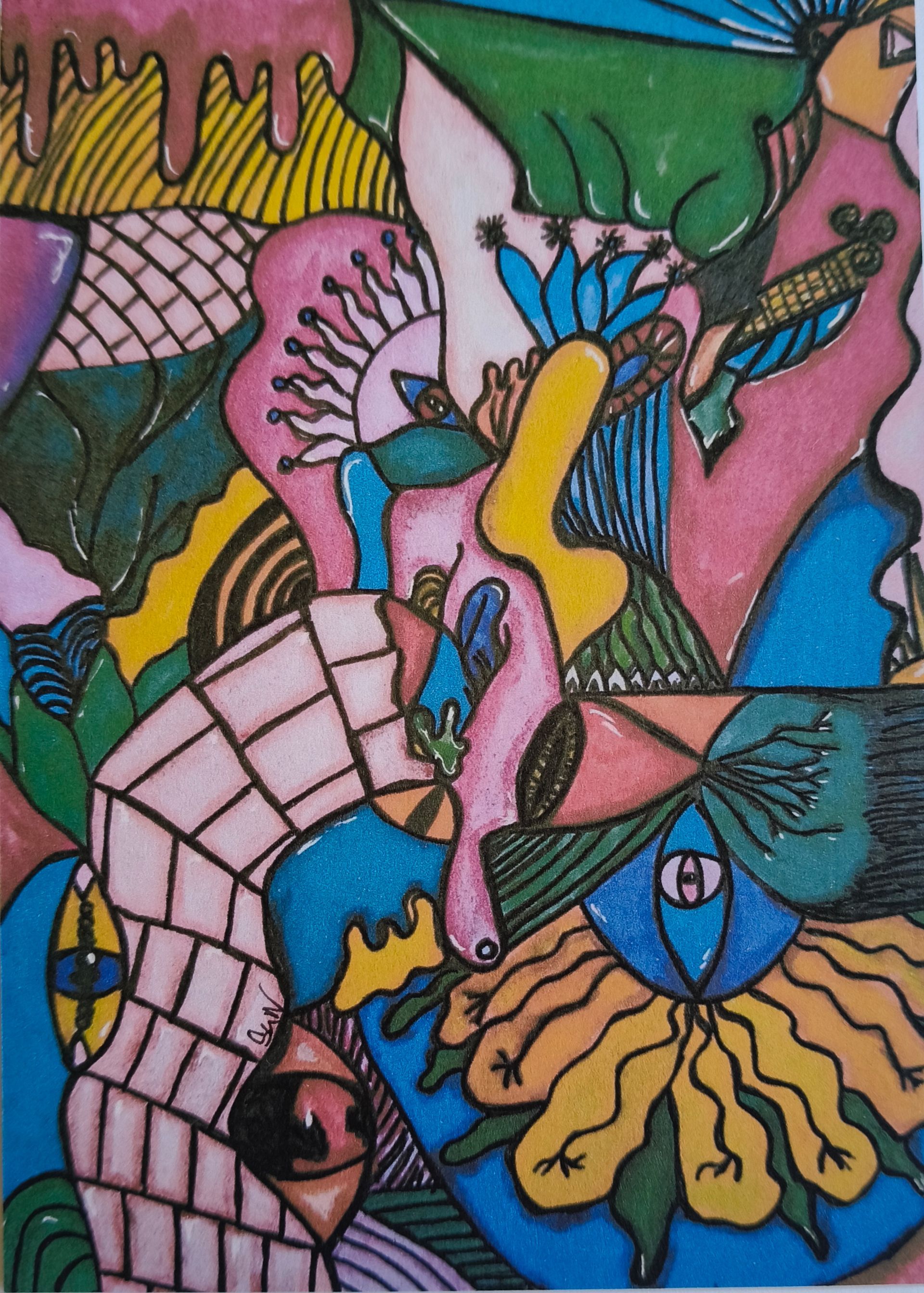 Postkaart van een surrealistische,  tekening met in elkaar grijpende geometrische vormen en meerdere gestileerde ogen.