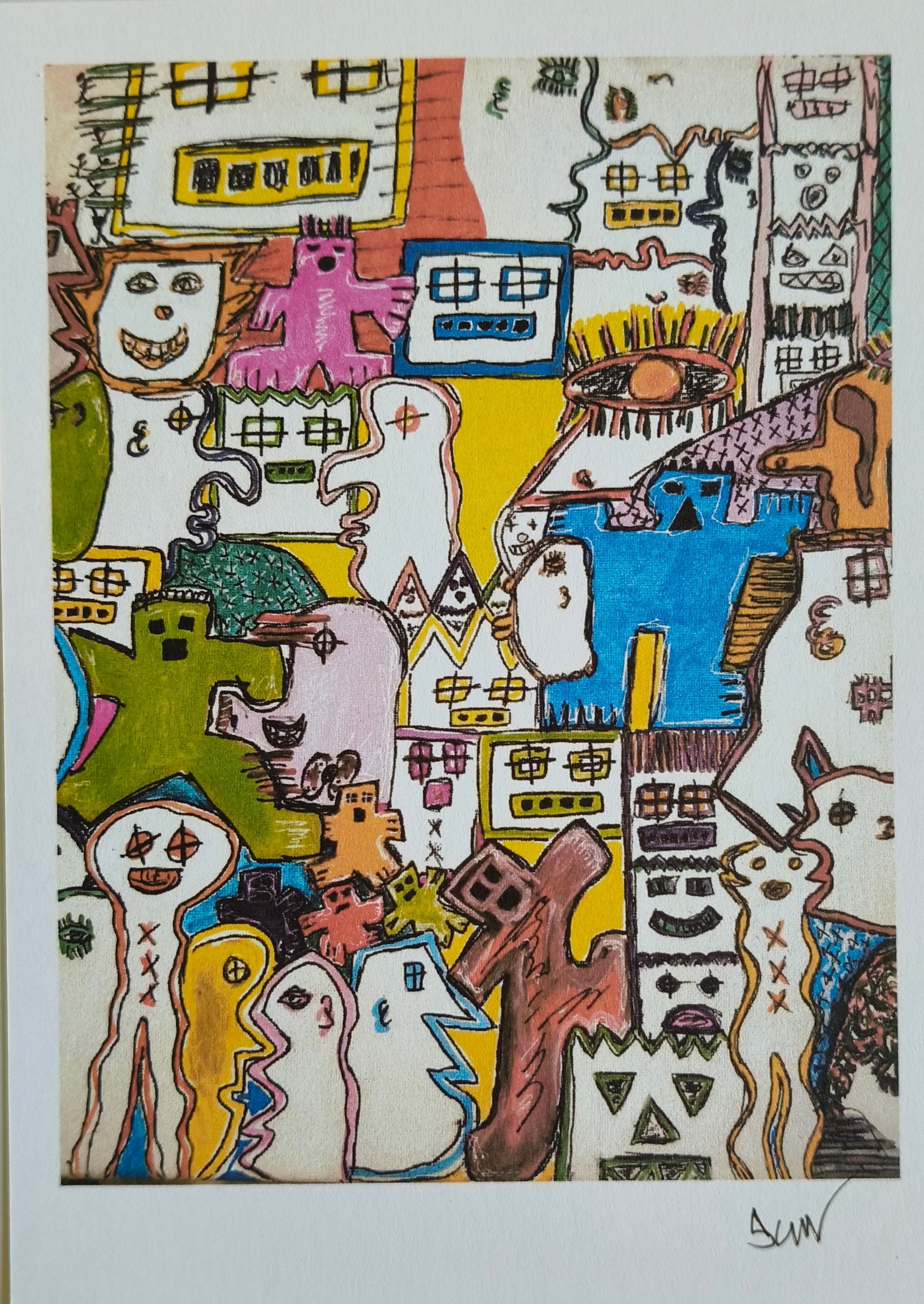 Postkaart van een levendige, handgetekende illustratie met een speelse menigte kleurrijke, abstracte wezens .