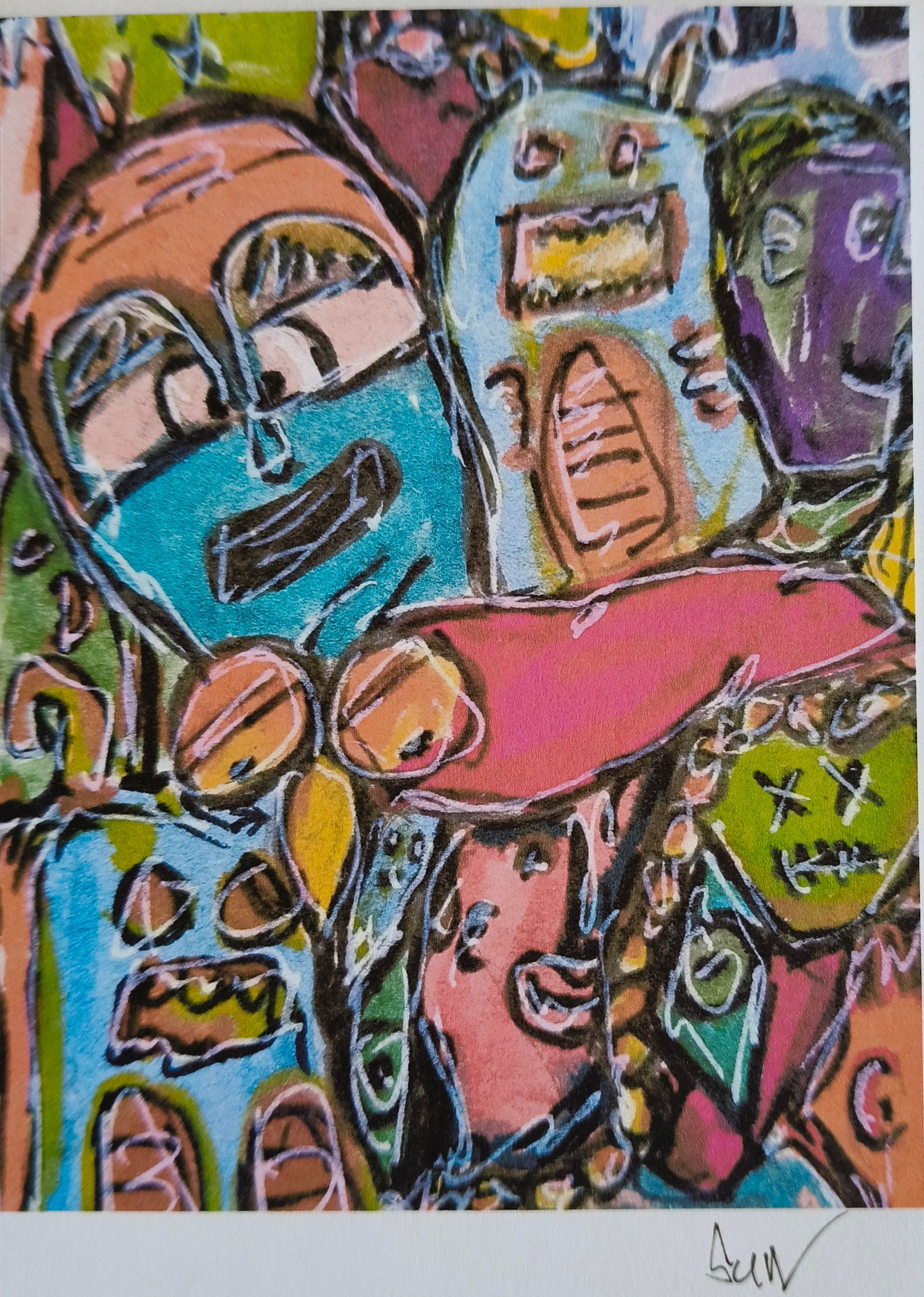 Postkaart van een kleurrijk, abstract schilderij met een drukke, chaotische verzameling monsterachtige cartoongezichten.