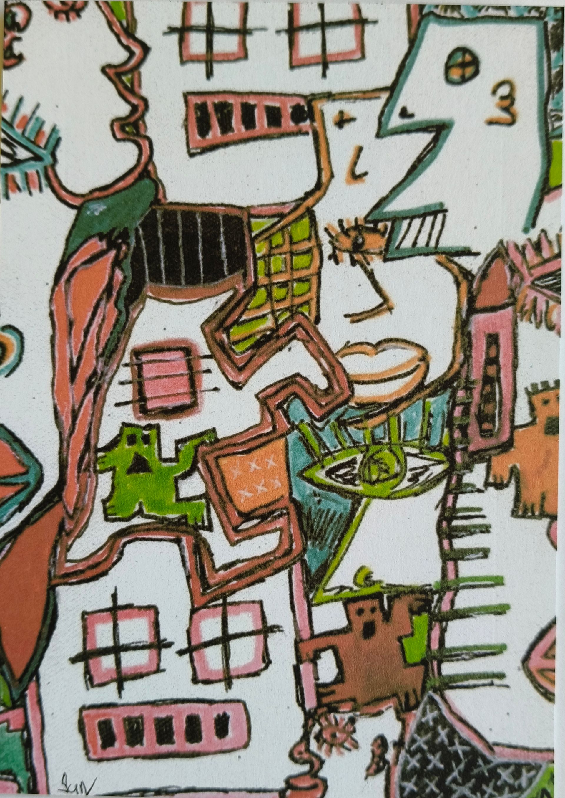 Print van kleurrijke abstracte tekening zwarte contouren, met geometrische vormen, gestileerde ogen en cartoonachtige wezens.