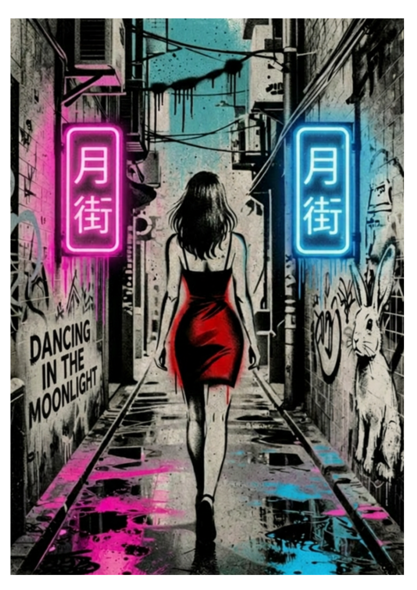 meisje in het rood, steeg met streetart. wit konijn op de muur. neon verlichting. Dancing in the moonlight op de andere muur
