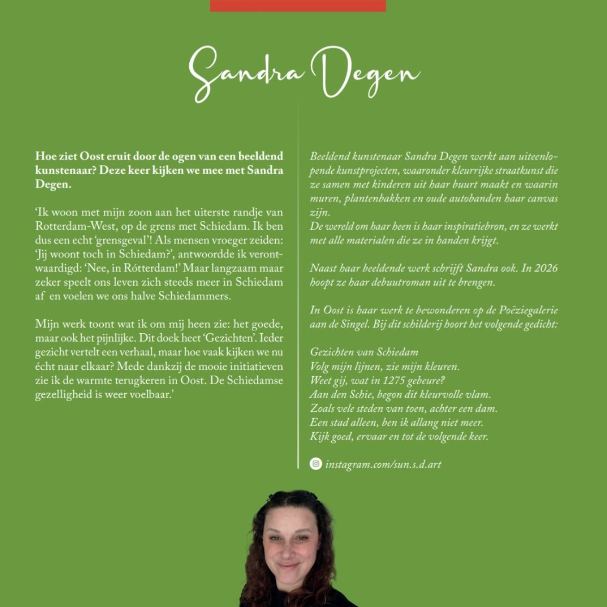 Een professioneel profiel van Sandra Degen op een groene achtergrond, met een portret en Nederlandse tekst.