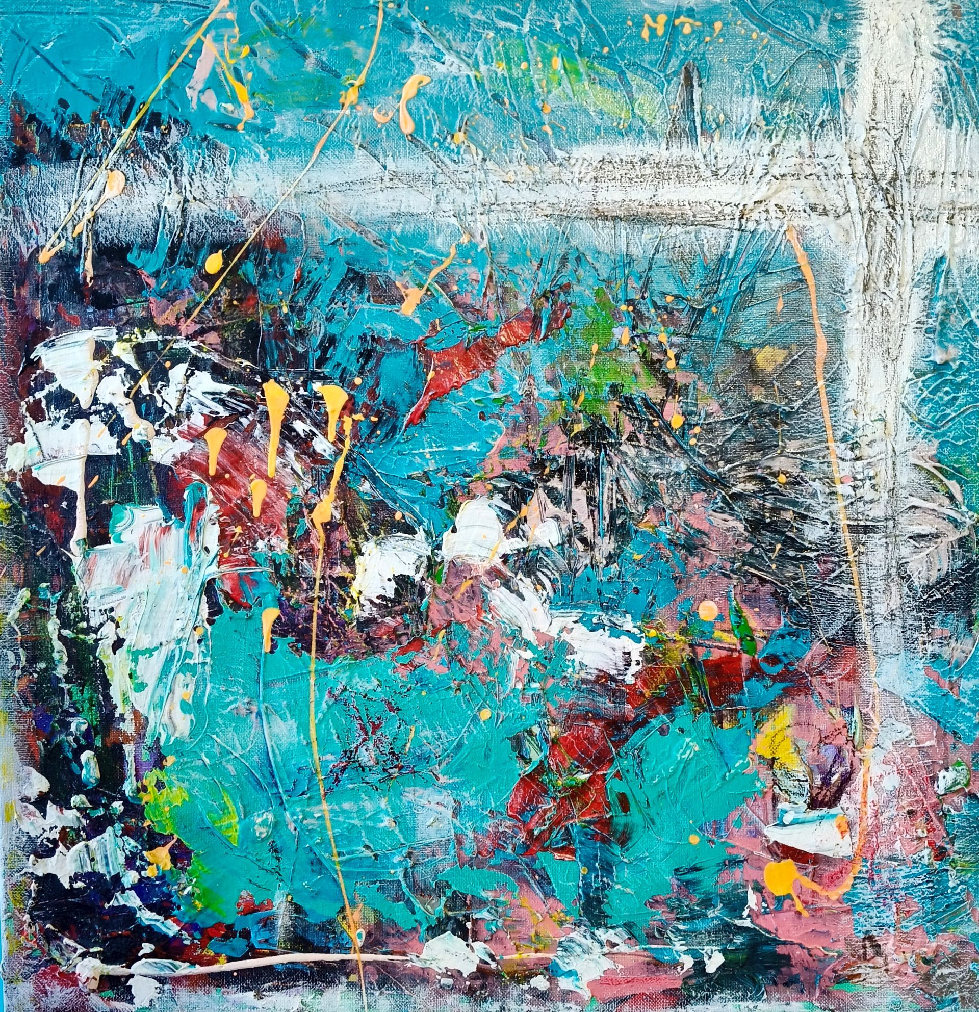 Abstract schilderij met gelaagde texturen in tinten turquoise, wit, rood en geel, met opvallende spetterpatronen.