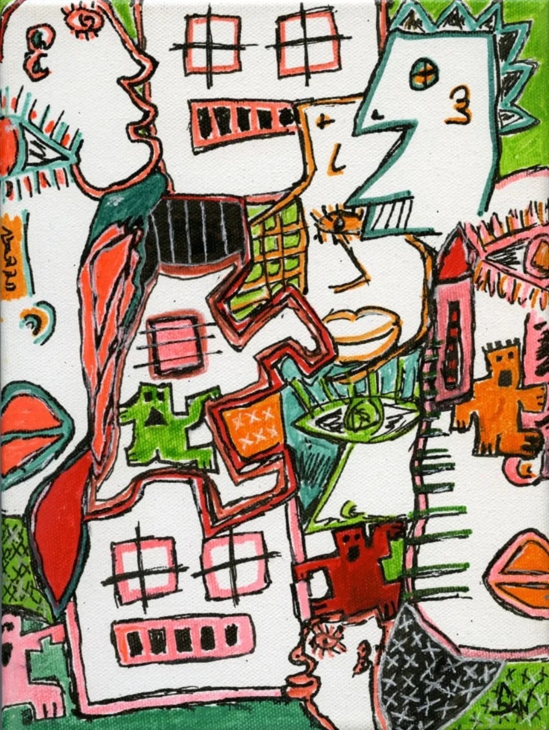 Abstracte, kleurrijke kunstwerken met gestapelde gezichten, gebouwen en fantasiefiguren, omlijnd met dikke zwarte inkt.