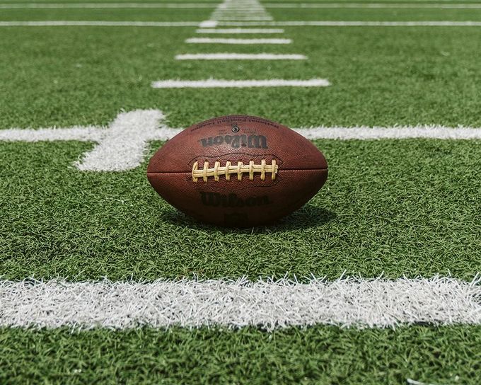 Football on green turf with white yard lines.