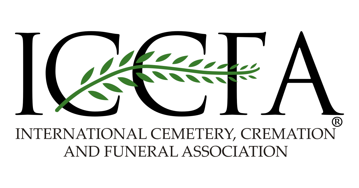 ICFA logo with black letters and green laurel branch; International Cemetery, Cremation and Funeral Association text