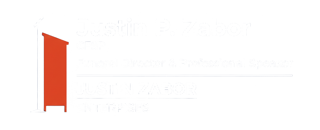 Logo of Justin P. Zabor, funeral director and professional speaker. Features a lectern graphic and text.