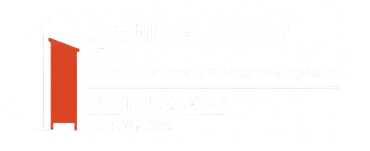 Logo of Justin P. Zabor, funeral director and professional speaker. Features a lectern graphic and text.