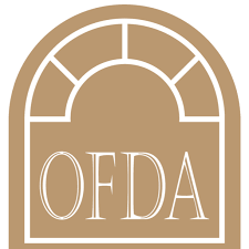 Beige OFDA logo inside an arched window frame with white lettering