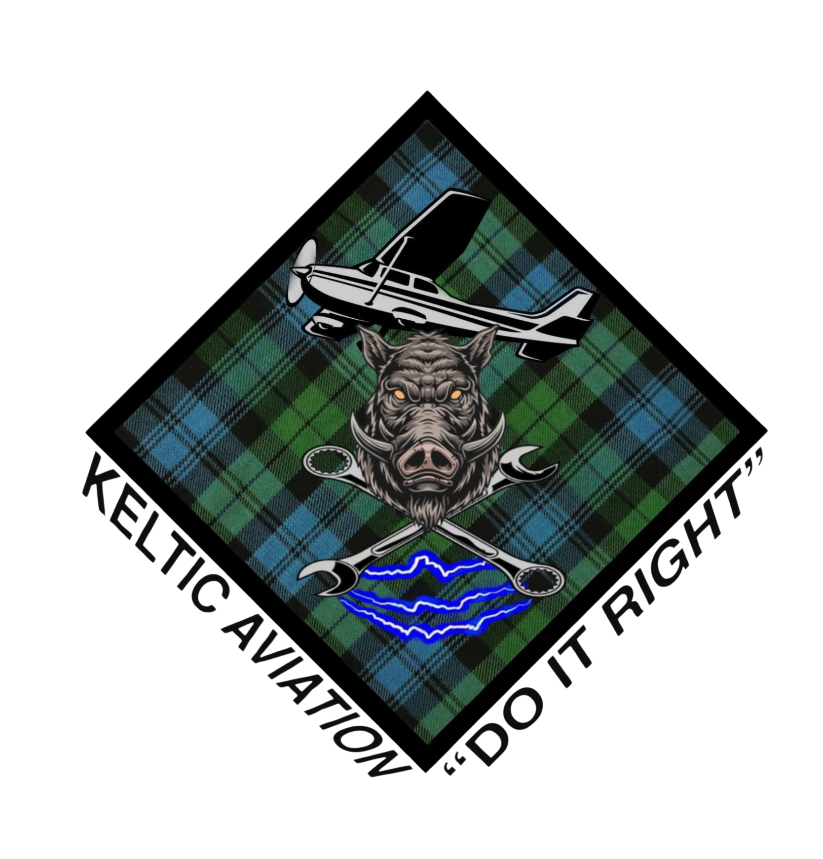 Keltic Aviation logo with plaid diamond, airplane, blue lightning, and “DO IT RIGHT!” text