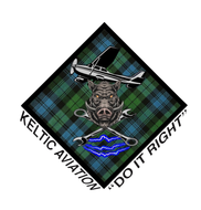 Keltic Aviation logo with plaid diamond, airplane, blue lightning, and “DO IT RIGHT!” text