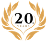 Gold laurel wreath framing “20+ YEARS” on a white background