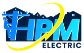 HRM Electric logo with blue house and utility pole silhouettes and yellow swoosh