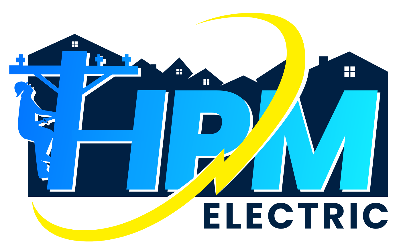 HRM Electric logo with blue house and utility pole silhouettes and yellow swoosh