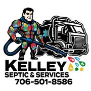 Kelly Septic & Services logo with a cartoon worker and septic truck, plus phone number 706-501-8586