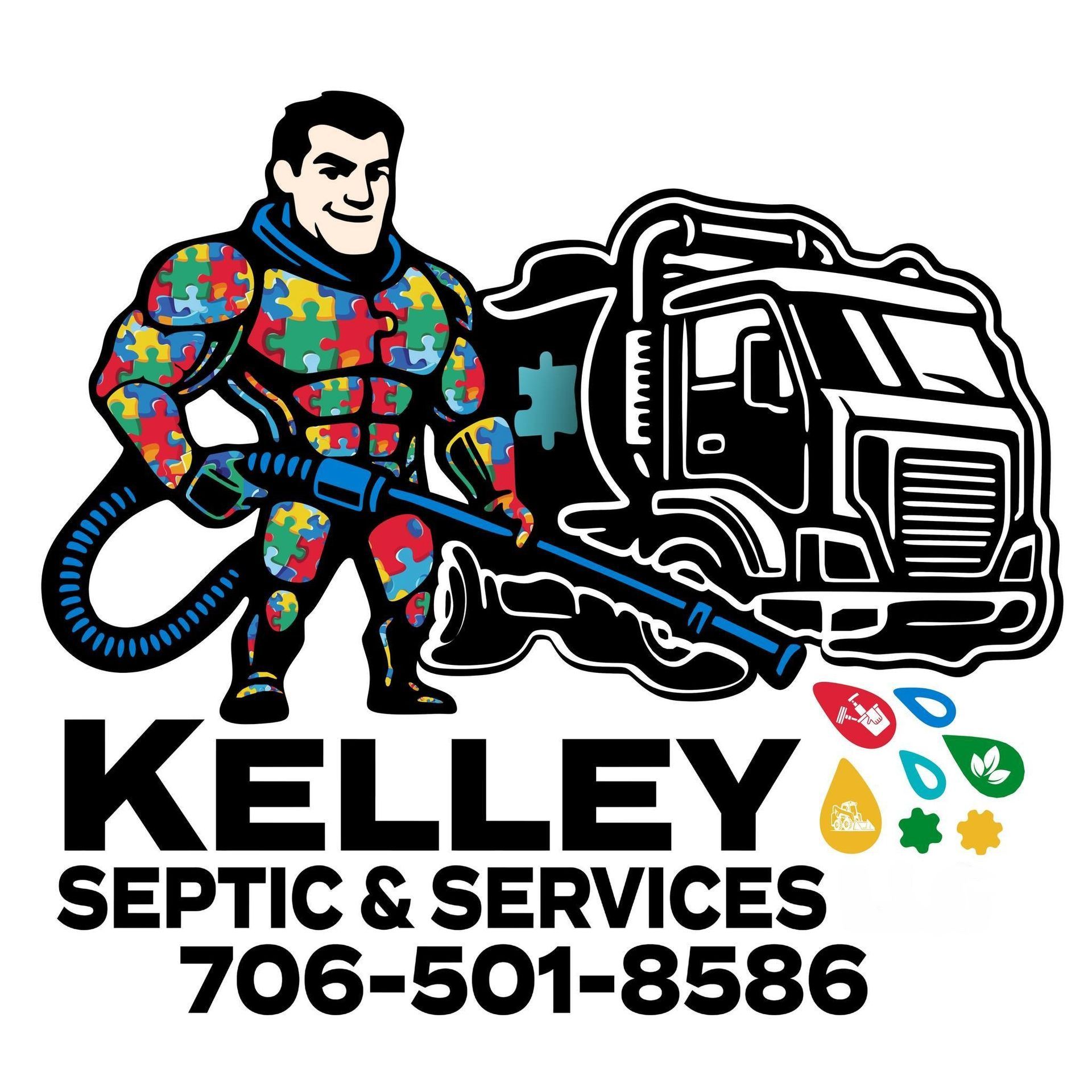 Kelly Septic & Services logo with a cartoon worker and septic truck, plus phone number 706-501-8586