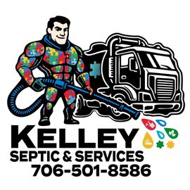 Kelly Septic & Services logo with a cartoon worker and septic truck, plus phone number 706-501-8586