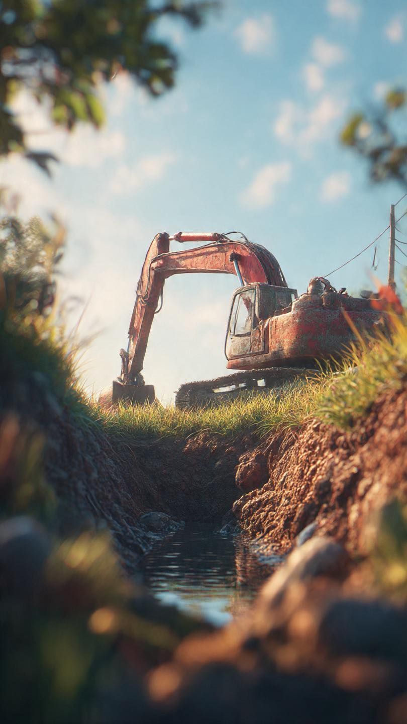 Excavator digging a trench beside a muddy stream under a blue sky